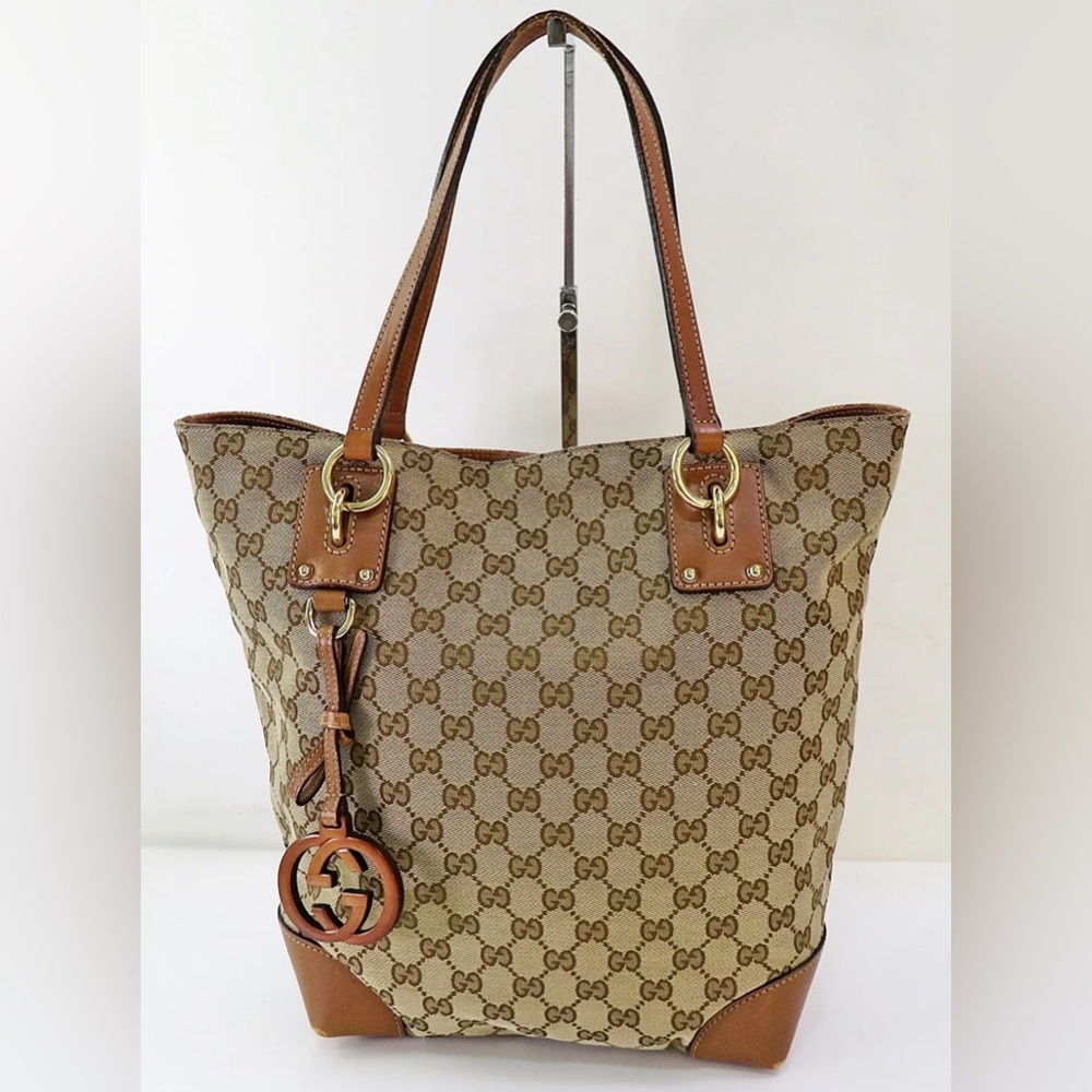 GUCCI Brown GG Canvas Charm Bucket Tote Bag